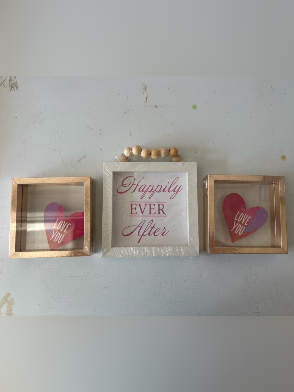 Happily Ever After Wall Frame Trio with Pink Heart Accents. Wedding Decor Signs
